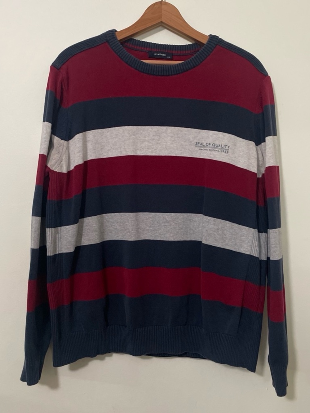 LC Waikiki Striped Knit Sweater Mens XXL Fits Like Large Burgundy Navy